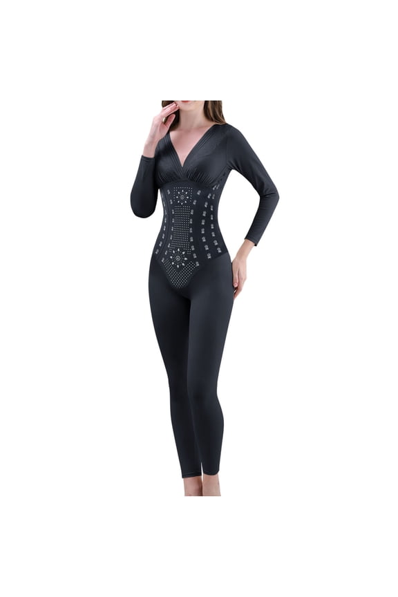 Womens Long Sleeve Jumpsuits Yoga Pants V-Neck Jumpsuit with Seamless Abdominal Tight Body Shaping Clothing Black