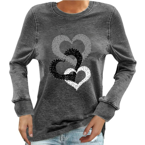 WREESH Womens Long Sleeve Shirt Loose Graphic T-Shirts Crew Neck Pullover Tunic Tops for Casual Valentine's Day Dark Gray