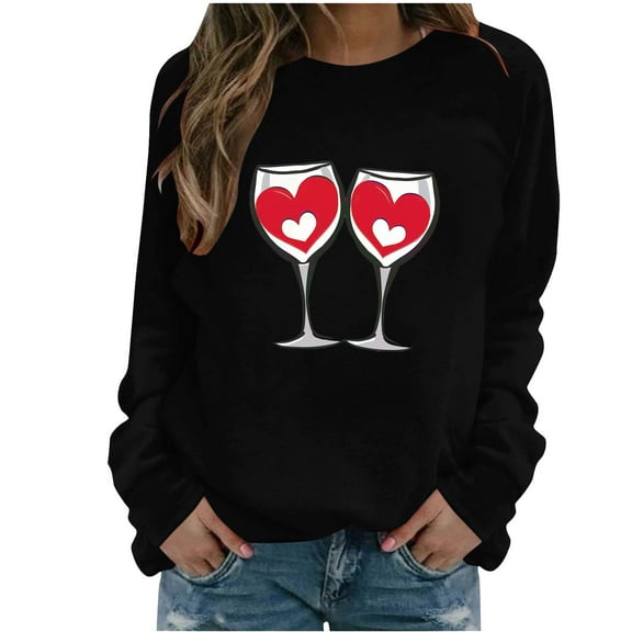WREESH Womens Long Sleeve Shirt Valentine's Wine Glasses Heart Graphic Shirts Casual Spring Blouses Going Out Tops Black