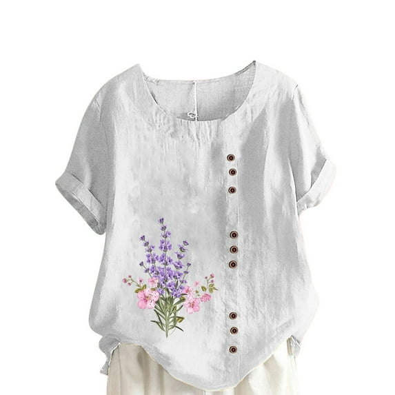 WREESH Womens Loose Casual Cotton Linen Shirts Summer Print Regular Button Round Neck Short Sleeve Short Sleeves Top White