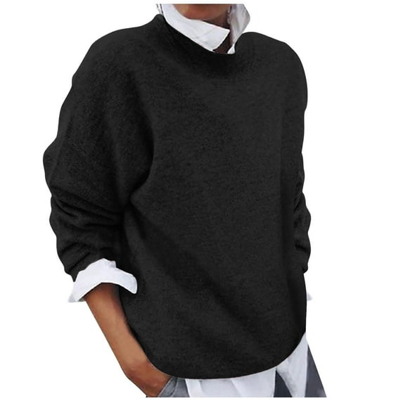 WREESH Womens Loose Crewneck Sweatshirt Fashion Long Sleeved Round Neck Solid Color Knitted Sweater Sweater Black