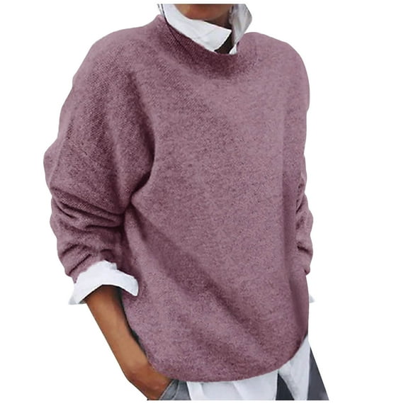 WREESH Womens Loose Crewneck Sweatshirt Fashion Long Sleeved Round Neck Solid Color Knitted Sweater Sweater Pink