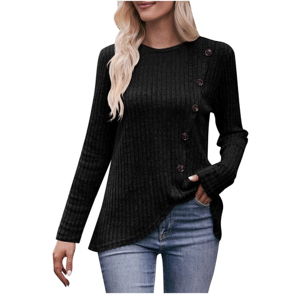 WREESH Womens Loose Crewneck Sweatshirt Round Neck Stripe Brushed Bottom Button T Shirt Black