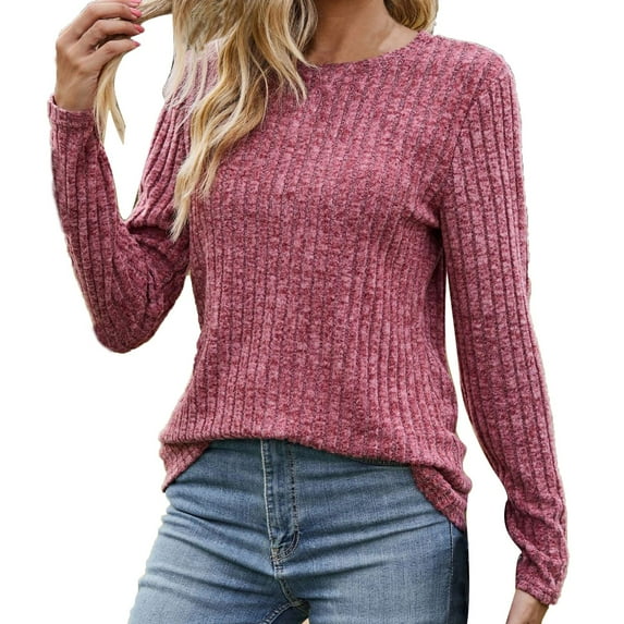 WREESH Womens Loose Crewneck Sweatshirt Round Neck Stripe Matte Color Long Sleeved T Shirt Wine