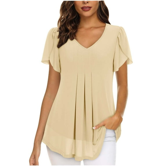 WREESH Womens Loose Fit Chiffon Tunic Tops Fashion Solid Color Casual V-Neck Short Sleeve T-Shirt Tops Beige