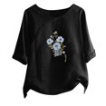 thumbnail image 1 of WREESH Womens Loose Linen Shirts Fashion Printed T-Shirt Short Sleeves Blouse Round Neck Casual Tops Black, 1 of 5