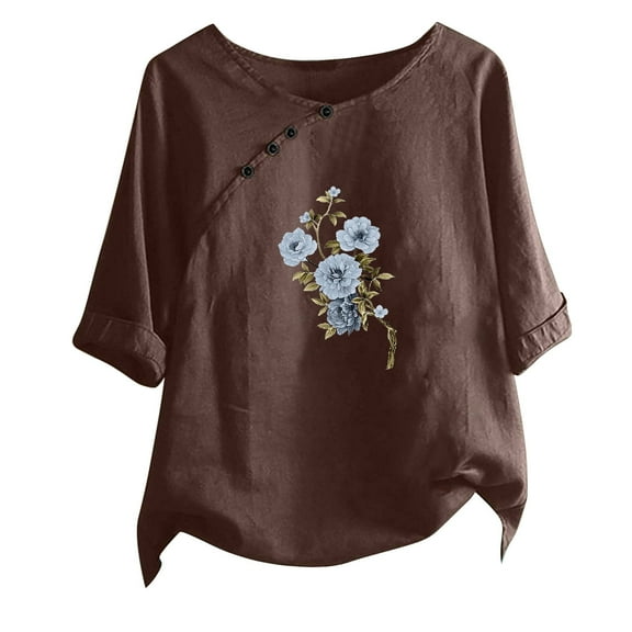 WREESH Womens Loose Linen Shirts Fashion Printed T-Shirt Short Sleeves Blouse Round Neck Casual Tops Brown