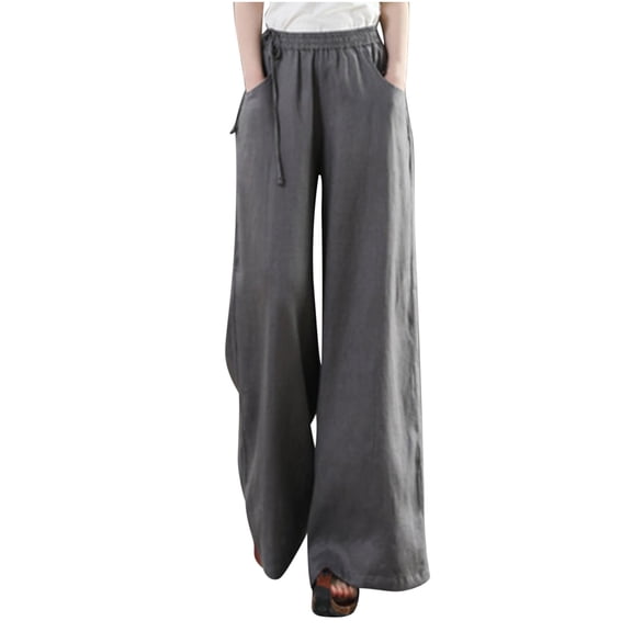 WREESH Womens Loose Wide Leg Pants Casual Loose Pants High Waist Solid Color Cotton Linen Side Drawstring Belt Wide Leg Pants Gray