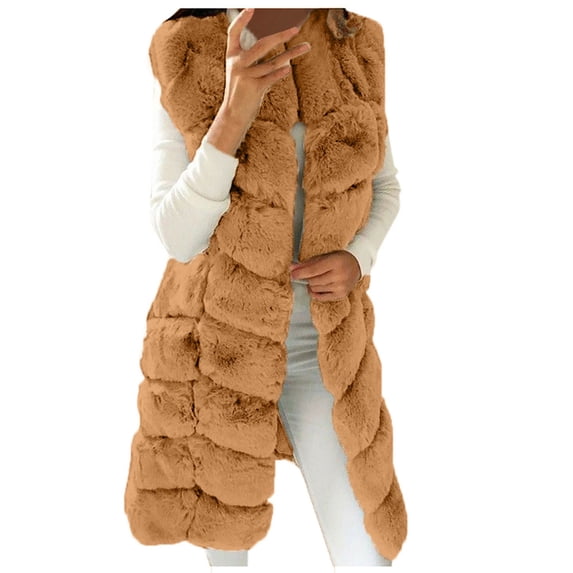 WREESH Womens Luxury Faux Furry Vest Oversized Sleeveless Overcoat Solid Long Coat Gilet Winter Thicken Warm Plush Vest Outerwear Brown