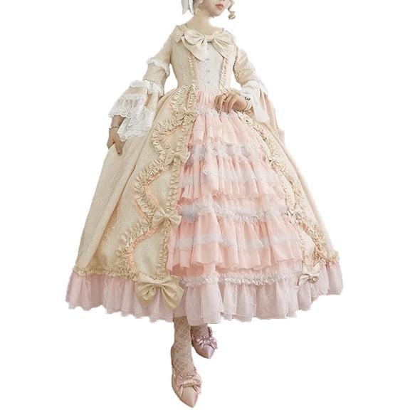 WREESH Womens Maid Outfit Cute Bow Lolita Gothic Dress Luxury Flare Sleeve Ruffle Dresses Elegant Vintage Evening Dress Princess Ball Gowns Beige
