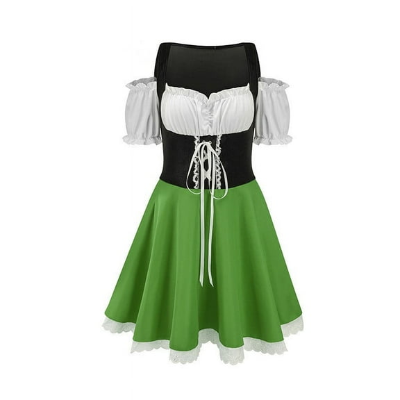WREESH Womens Maid Uniform Oktoberfest Dress German Bavarian Dirndl Dresses Cosplay Off Shoulder Tunic Dress Green A