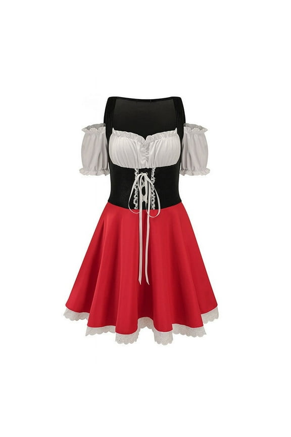 Womens Maid Uniform Oktoberfest Dress German Bavarian Dirndl Dresses Cosplay Off Shoulder Tunic Dress Red A