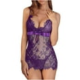 thumbnail image 1 of WREESH Womens Mesh Nightgown Lace Slip Dress Fashion Sling Soild Lingerie Splicing Satin Nightdress Purple, 1 of 8