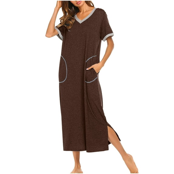 WREESH Womens Nightgowns Maxi Dress Plus Size Pajamas Womens Nightshirt Short Sleeve Nightgown Ultra-Soft Full Length Sleepwear Dress Brown