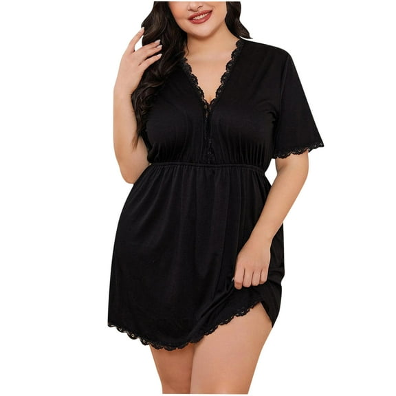 WREESH Womens Nightgowns Plus Size Pajamas Home Dress Short Pajama Dress With Half Sleeve Deep V-Neck Sleeveless Dress Black