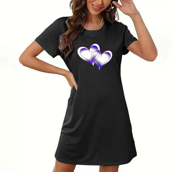 WREESH Womens Nightgowns Short Sleeve Heart Printed Sleepshirts Cute Night Shirts Soft Pajama Sleepwear Black