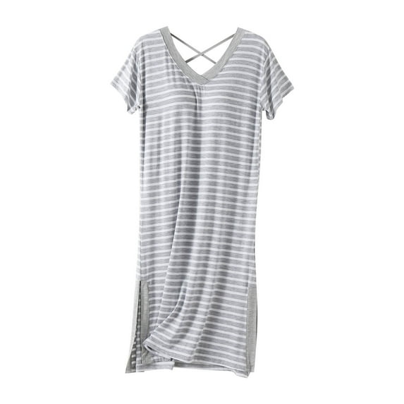 WREESH Womens Nightgowns Sleepwear Night Shirts Plus Size Stripe Pajama Home V-Neck Dress Short Pajama Dress With Chest Pad Thin Gray