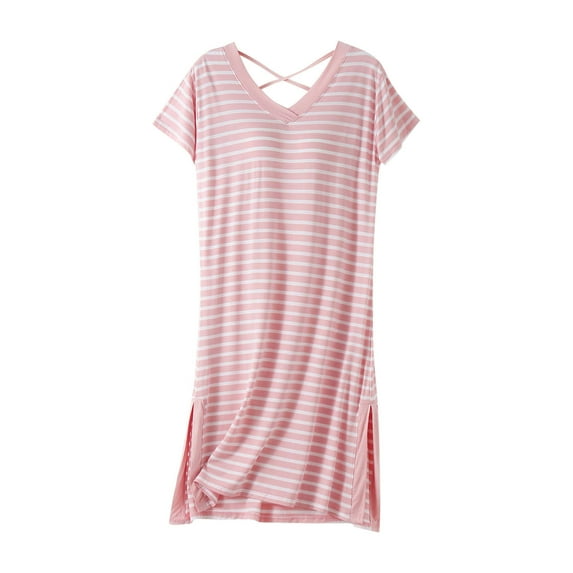 WREESH Womens Nightgowns Sleepwear Night Shirts Plus Size Stripe Pajama Home V-Neck Dress Short Pajama Dress With Chest Pad Thin Pink