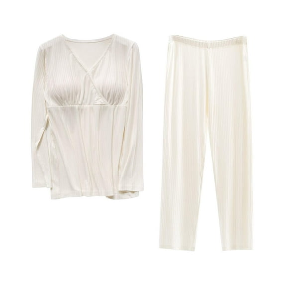 WREESH Womens Nursing Pajama Set Breastfeeding Sleepwear Solid Round Neck Long Sleeve Blouse Pants Two Piece Set White