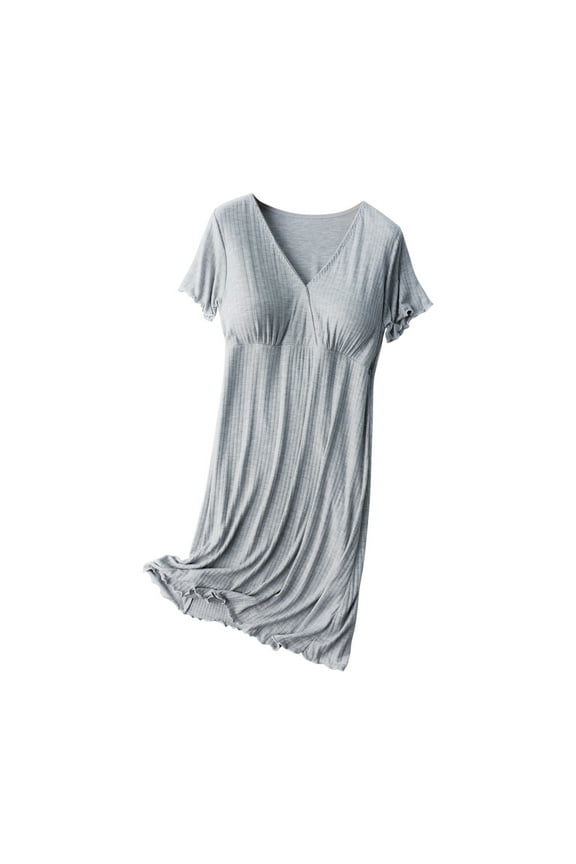 Womens Nursing Pajamas Breastfeeding Solid V-Neck Dress Short Sleeve Nightgowns Breastfeeding Postpartum Pregnant Dress Sleepwear With Chest Pad Gray