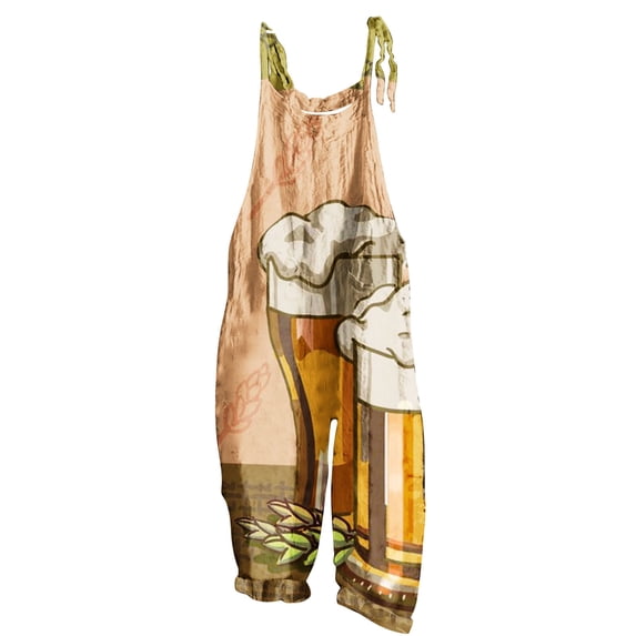 WREESH Womens Oktoberfest Fashion Jumpsuit Sleeveless Backless Strap Pants Funny Beer Printed Trousers Summer Beach Party Pants Coffee