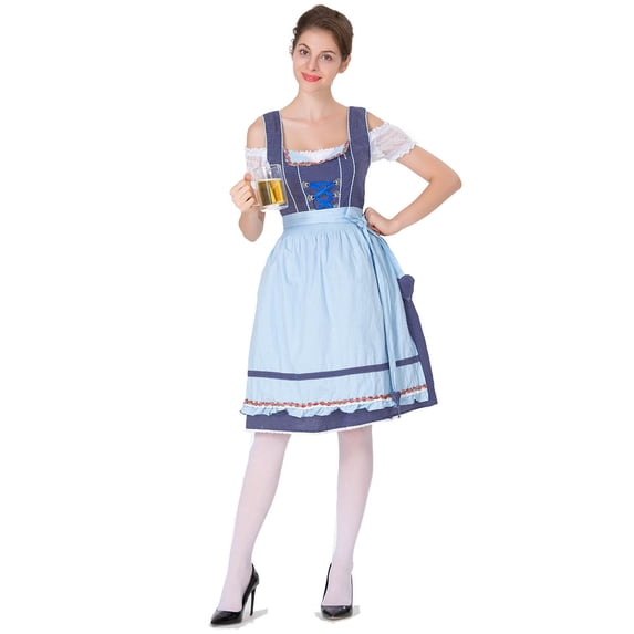 WREESH Womens Oktoberfest Plaid Dress Dresses Cosplay Maid Uniform Short Sleeve Neck Waisted Dress Stage Performance Blue A