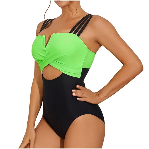 WREESH Womens One Piece Swimsuit Color Block Swim Suits Hollow Swimsuit Sleeveless Bathing Suits Green