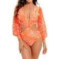 thumbnail image 1 of WREESH Womens One Piece Swimsuit Long Sleeve Cutout Swim Suits Fashion Printed Comfortable Loose Swimsuit Blouse Casual V-Neck Attractive Bathing Suits Orange, 1 of 1
