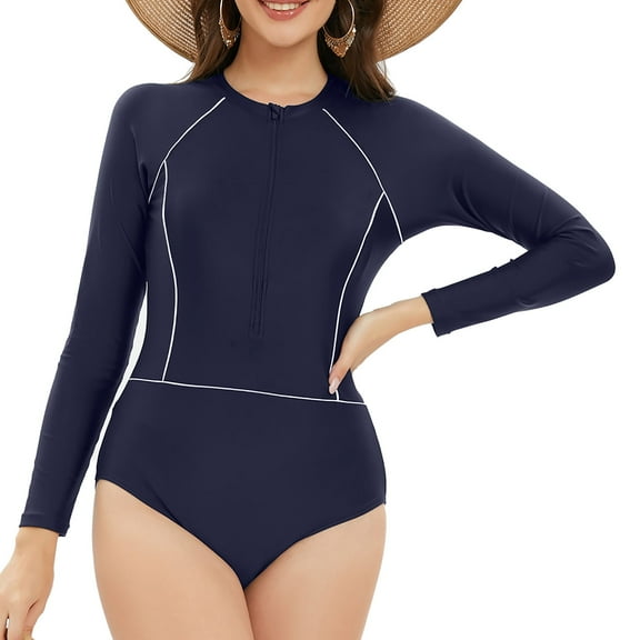 WREESH Womens One Piece Swimsuit Long Sleeve Rash Guard Swimsuits Solid Color Fashionable and Zippered Swimsuit Bathing Suits Navy