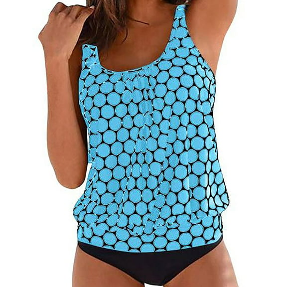 WREESH Womens One Piece Swimsuit Polka Dot Print Swim Suits New Fashion Split Swimsuit Casual Bikini Swimsuit Sleeveless Bathing Suits Blue