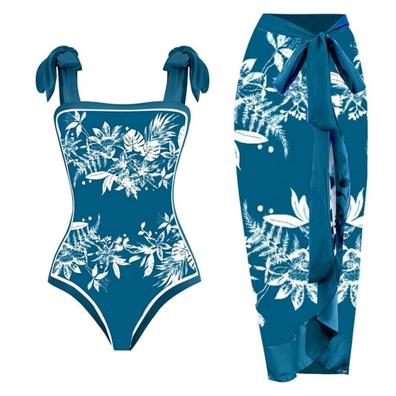 WREESH Womens One Piece Swimsuit Print Swim Suits Beach Cover Ups Swimsuit Bikini Lace Up Swimsuit Long Skirt Chiffon 2 Pcs Set Sleeveless Bathing Suits Blue