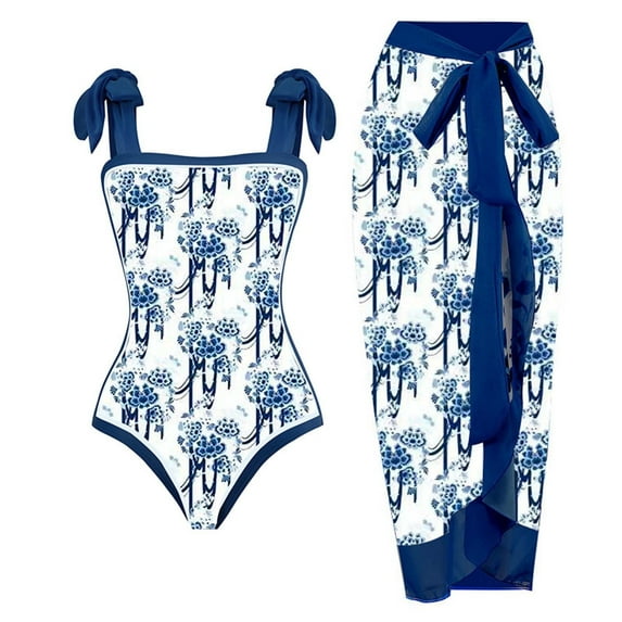 WREESH Womens One Piece Swimsuit Print Swim Suits Beach Cover Ups Swimsuit Bikini Lace Up Swimsuit Long Skirt Chiffon 2 Pcs Set Sleeveless Bathing Suits White