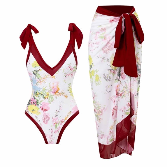 WREESH Womens One Piece Swimsuit Print Swim Suits Beach Cover Ups Swimwear Bikini Lace Up Swimsuit Long Skirt Chiffon 2 Pcs Set Sleeveless Bathing Suits Wine