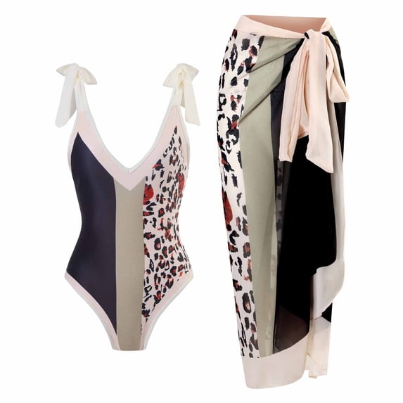WREESH Womens One Piece Swimsuit Print Swim Suits Beach Cover Ups Swimwear Bikini Lace Up Swimsuit Long Skirt Chiffon 2 Pcs Set Sleeveless Bathing Suits Khaki