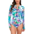 thumbnail image 1 of WREESH Womens One Piece Swimsuit Rash Guard Swim Suits Fashion Multicolor Leaf Flower Print Long Sleeved Zipper Swimsuit Bathing Suits Light Blue, 1 of 7