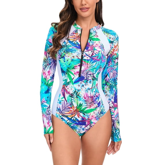 WREESH Womens One Piece Swimsuit Rash Guard Swim Suits Fashion Multicolor Leaf Flower Print Long Sleeved Zipper Swimsuit Bathing Suits Light Blue