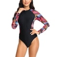 thumbnail image 1 of WREESH Womens One Piece Swimsuit Rash Guard Swim Suits Fashion Multicolor Leaf Print Long Sleeved Zipper Swimsuit Bathing Suits Red, 1 of 1