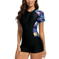 thumbnail image 1 of WREESH Womens One Piece Swimsuit Rash Guard Swim Suits Fashion Multicolor Leaf Print Short Sleeved Zipper Swimsuit Bathing Suits Black, 1 of 7