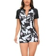 thumbnail image 1 of WREESH Womens One Piece Swimsuit Rash Guard Swim Suits Fashion Multicolor Leaf Print Short Sleeved Zipper Swimsuit Bathing Suits White, 1 of 8