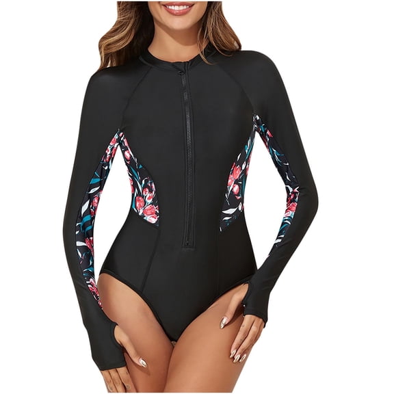 WREESH Womens One Piece Swimsuit Rash Guard Swimsuits Print New Fashion Long Sleeve Splicing Swimsuit Casual Bikini Swimsuit Bathing Suits Black