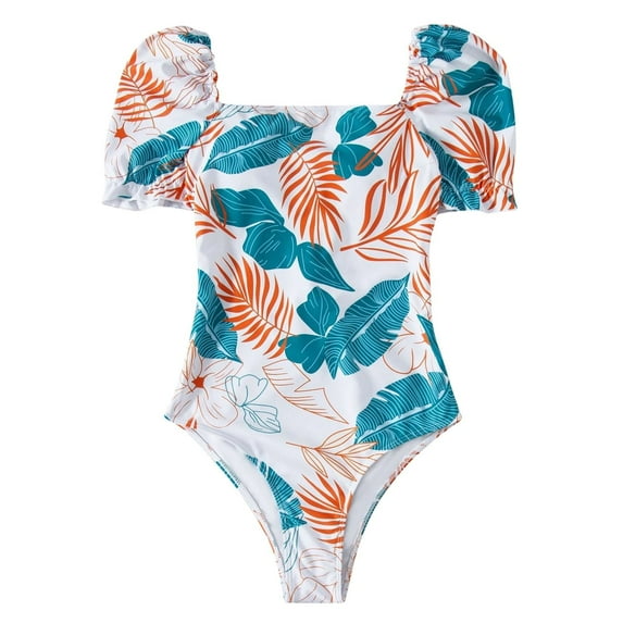 WREESH Womens One Piece Swimsuit Short Sleeve Swim Suits Printed Slim American Backless Tether Bikini Swimsuit Bathing Suits Light Blue