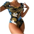 thumbnail image 1 of WREESH Womens One Piece Swimsuit Short Sleeve Swim Suits Printed Slim American Backless Tether Bikini Swimsuit Bathing Suits Yellow, 1 of 6