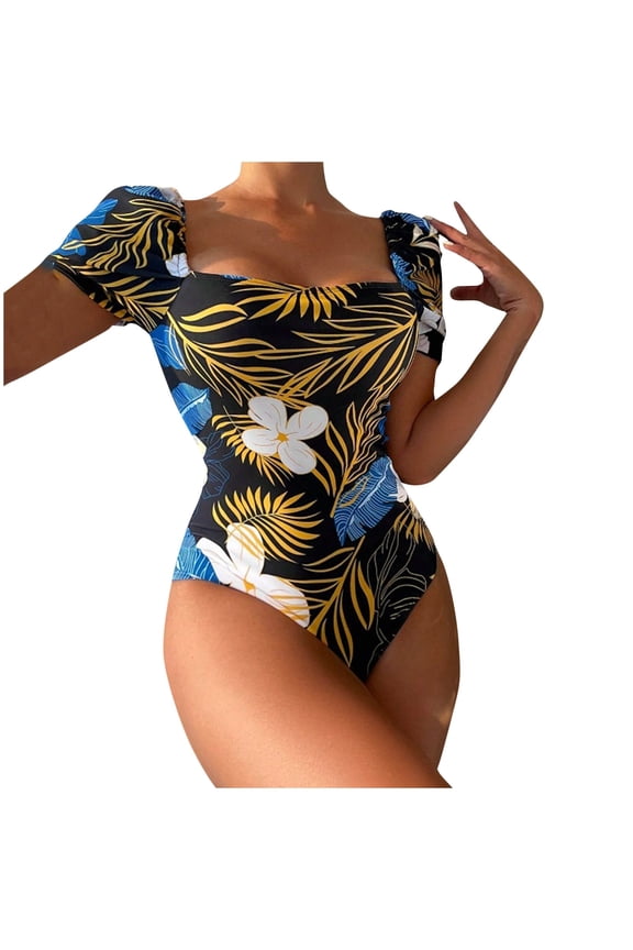 Womens One Piece Swimsuit Short Sleeve Swim Suits Printed Slim American Backless Tether Bikini Swimsuit Bathing Suits Yellow