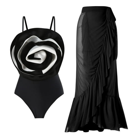 WREESH Womens One Piece Swimsuit Solid Color Swim Suits Beach Cover Ups Swimwear Bikini Lace Up Swimsuit Long Skirt Chiffon 2 Pcs Set Sleeveless Bathing Suits Black