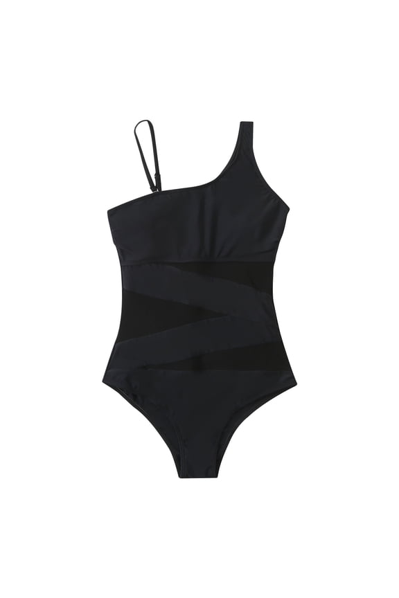 Womens One Piece Swimsuit Solid Color Swim Suits with Chest Pad Without Underwire Patchwork Strap Shoulder Splicing Yarn Mesh Bikini Swimsuit Sleeveless Bathing Suits Black
