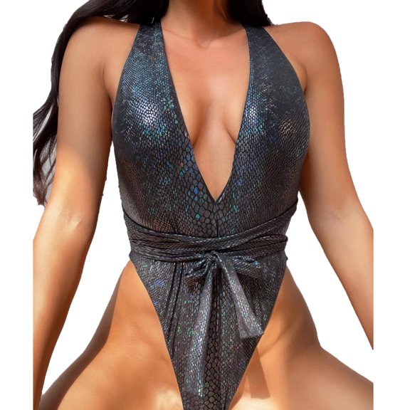 WREESH Womens One Piece Swimsuit Solid Color Swim Suits New Fashion Splicing Swimsuit Casual Bikini Swimsuit Sleeveless Bathing Suits Black