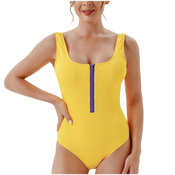 WREESH Womens One Piece Swimsuit Solid Color Swim Suits New Fashion Splicing Swimsuit Casual Bikini Swimsuit Sleeveless Bathing Suits Yellow