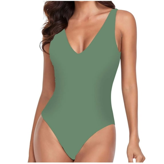 WREESH Womens One Piece Swimsuit Solid Color Swim Suits Set Swimsuit V-Neck Backless Filled Bra Swimwear Beachwear Binkini Sleeveless Bathing Suits Olive Green