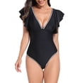 thumbnail image 1 of WREESH Womens One Piece Swimsuit Solid Color Swim Suits V-Neck Bikini Sports Swimsuit Tight and Quick Drying Swimsuit Sleeveless Bathing Suits Black, 1 of 8