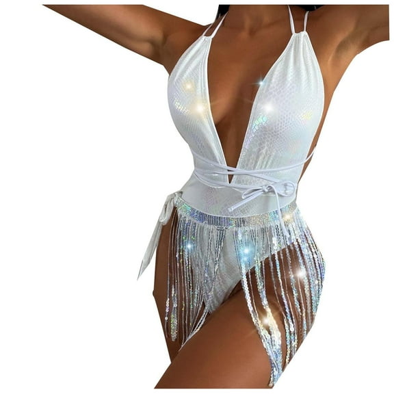 WREESH Womens One Piece Swimsuit Summer New European and American Deep V Neck Swimwear Trendy Tassel Swimwear Beach Bathing Suit White